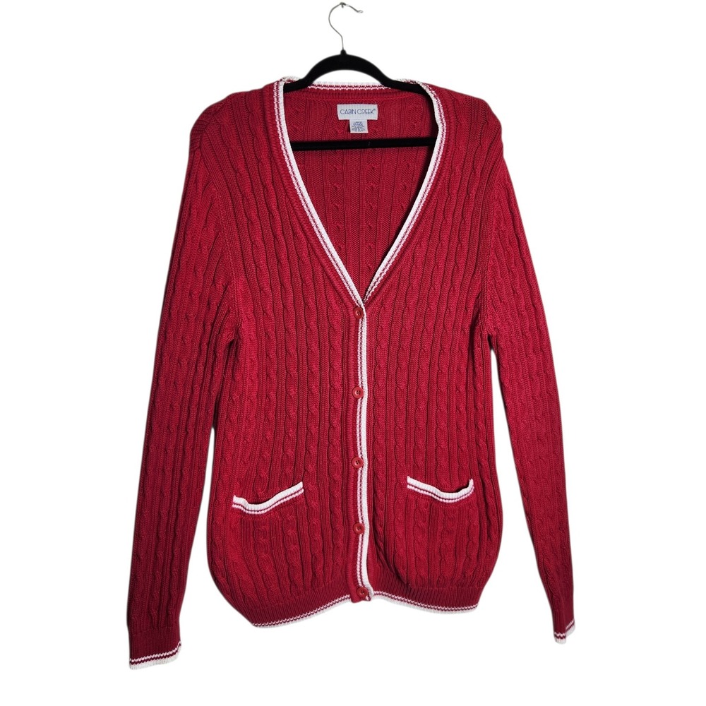 Cabin Creek Red Cable Knit Cotton Cardigan Sweater White Trim V-Neck Large